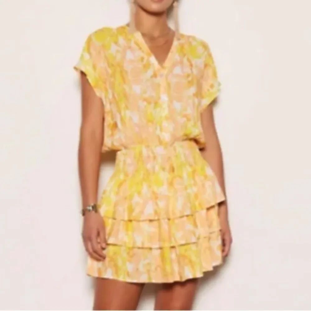 Ruffle Tiered Mini Dress Tart Yellow Floral Boho Women Size S